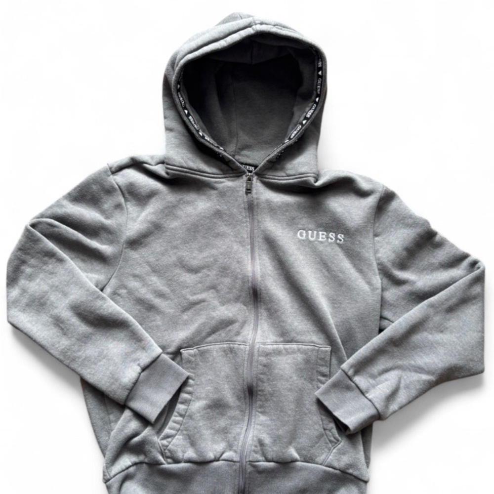 Guess Grey Zip Up Hoodie Embroidered Logo Size Medium